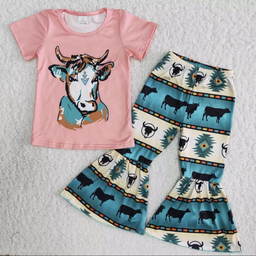 Girls Boutique Cow Western graphic Top & Bell Bottom Flare Pants